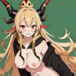 ai_generated blonde_female breasts exposed_breasts female_only horn horn_ears horns long_hair readybat2 scared scared_expression