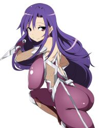 anime_coloring ass bare_shoulders blue_hair bodysuit breasts commentary_request cosplay covered_nipples detached_sleeves female fishnets goshiki_agiri holding igawa_asagi igawa_asagi_(cosplay) kill_me_baby kunai large_breasts long_hair looking_at_viewer purple_bodysuit purple_eyes simple_background smile solo taimanin_(series) taimanin_asagi taimanin_suit weapon white_background yukke_(yamagata)