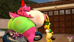 3d 3d_(artwork) ass_bigger_than_head bigger_female birdo bottomwear breasts_bigger_than_head casual casual_nudity dumptruck_ass female green_koopa_troopa huge_ass hyper_ass hyper_breasts koopa_troopa mario_(series) mario_kart nintendo nipple_piercing public public_nudity smaller_male tagme topless xaliah