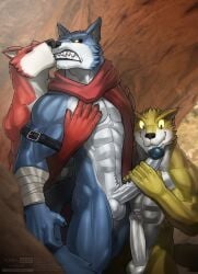 anthro balls bara barazoku basil_(dragon_ball) bergamo big_penis blue_fur boner dragon_ball dragon_ball_super dragon_ball_z erection furry gay handjob incest kissing lavender_(dragon_ball) male male_only muscles muscular nude penis scarf todex wolf