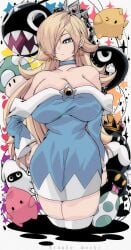 1-up_mushroom animal blonde_hair blooper blue_dress blue_eyes bomb boo_(mario) breasts brooch bullet bullet_bill chain_chomp chains choker cleavage collarbone crown dress earrings egg explosive female gem ghost hair_over_one_eye heart heart_background jewelry kinakomochi_(user_vedc2333) king_bob-omb large_breasts long_hair long_sleeves looking_at_viewer luma luma_(mario) mario_(series) mushroom nintendo off-shoulder_dress off_shoulder princess princess_rosalina sharp_teeth sparkle sparkle_background squid standing star_(symbol) star_brooch star_earrings star_symbol_background super_mario_galaxy teeth thighhighs white_background white_thighhighs yellow_gemstone yoshi_egg