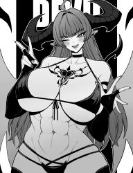 1girls 2023 abs absurd_res ahoge bare_shoulders big_horns bikini blush breasts bridal_gauntlets chest_tattoo choker cleavage demon_girl demon_horns demon_tail demon_wings double_v ear_piercing elbow_gloves eyebrows_visible_through_hair female female_only front-tie_bikini gloves greyscale head_tilt heart heart_tattoo highres horns huge_breasts lilith_(yones81239278) long_ears long_hair mole mole_under_eye monochrome navel one_eye_closed open_mouth original piercing pointy_ears raised_tail smile solo standing swimsuit tail tattoo teeth text thighhighs toned toned_female tongue very_long_hair wide_hips wings wink yones81239278