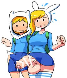 1boy 1futa adventure_time backpack bag big_penis blonde blonde_hair blue_clothing blue_shirt blue_shorts blue_skirt bulge canon_genderswap censored crap-man dickgirl erection erection_under_clothes finn_the_human fionna_the_human_girl foreskin futa_is_bigger futa_with_male futanari height_difference human male partially_retracted_foreskin penis penis_size_difference penis_under_clothes penis_under_skirt smaller_male stockings uncut