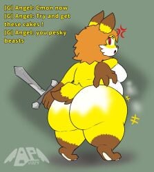 angelpurrverton angry angry_expression angry_face anthro ass ass atlyss big_ass big_butt furry holding_sword holding_weapon lagomorph orange_hair poon_(atlyss) rabbit rabbit_ears slapping_butt three_tone_fur yellow_fur