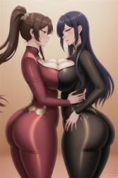 2_bodysuits 2girls ai_generated bodysuit chinese_clothes embrace female huge_ass large_breasts ponytail yuri