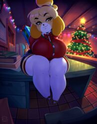 2020 animal_crossing anthro artist_logo bedroom_eyes boosterpang canid canine canis christmas christmas_lights christmas_tree curvy_figure desk domestic_dog female furniture gift hair hi_res holidays inside isabelle_(animal_crossing) logo mammal narrowed_eyes nintendo plant seductive shih_tzu sitting sitting_on_desk solo suggestive_look table toy_dog tree yellow_body