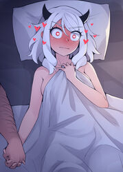 1boy 1girls after_sex bed black_horn blush breasts demon demon_girl female full-face_blush hand_holding handholding heart heart-shaped_pupils hearts helltaker holding_hands holding_hands_is_lewd human humanoid kerasu large_breasts lying male modeus_(helltaker) nude on_bed ricegnat straight uncommon_stimulation white_hair wholesome