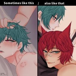 after_sex aphelios bed bite_mark bite_marks face_closeup gay grabbing_hair heartsteel_aphelios heartsteel_series heartsteel_sett implied_penetration implied_sex league_of_legends looking_at_viewer meme no_visible_genitalia sett sometimes_like_this_also_like_that tear yaoi