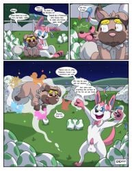 canid canine comic duo dweet-tea eeveelution egg english_text eyewear female feral generation_6_pokemon generation_7_pokemon genitals glasses grass hi_res jaki-kun_(character) male mammal night nintendo penis plant pokemon pokemon_(species) ribbons rockruff sylveon tail text