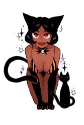 1girls all_fours animal_ears animal_tail black_hair bob_cut brittsart cat_ears cat_girl cat_tail catgirl cleavage cute dark-skinned_female dark_skin eyelashes fangs feline female female female_focus female_only fishnet_legwear fishnets girl gloves halloween leotard looking_at_viewer monster monster_girl on_all_fours pinup red_eyes skull_choker sparkles tail white_background