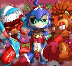 2023 3boys anus anus_peek arms_behind_head armwear bare_midriff beast_handler bloons_tower_defense blue_fur blush bottomwear brown_fur bulge christmas christmas_clothing corvus_(bloons_tower_defense) druid_monkey_(bloons) embarrassed femboy femboy_only goatboydraws half-closed_eyes heart jingle_bell leash leash_and_collar leotard looking_at_viewer male male_focus male_only mistletoe monkey monkey_boy musk musk_clouds penis precum precum_drip primate primate_humanoid red_fur secretly_loves_it small_penis smile stitched_mouth submissive submissive_male sweat sweatdrop sweating sweaty sweaty_body thighhighs topwear trio trio_focus wavy_mouth