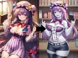 ai_generated attitude_adjustment before_and_after brainwashing breast_expansion corruption fairy_tail female femsub fully_clothed gothification gothified hair_color_change hair_growth huge_ass huge_breasts midriff npg8993 patchouli_knowledge personality_change post_transformation pre-transformation rock_of_succubus skin_color_change thick_thighs thigh_expansion touhou transformation wide_hips