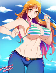 big_breasts bikini brown_eyes dkstudios05 female female_only long_hair mature_female nami nipples nipples_visible_through_clothing one_piece orange_hair solo solo_female solo_focus striped_bikini