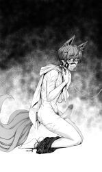 1boy angry animal_ears censored chain_leash chains chinese_commentary clenched_teeth commentary_request english_commentary forever_7th_capital fox_boy fox_ears fox_tail full_body greyscale hair_between_eyes highres isaac_(forever_7th_capital) kneeling leash looking_at_viewer male_focus male_pubic_hair medium_bangs mixed-language_commentary monochrome mosaic_censoring muzzle nude penis pubic_hair qisu scarf short_hair shorts_around_ankles solo tail teeth v-shaped_eyebrows veins