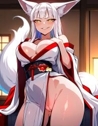 ai_generated bare_shoulders blush cleavage fox_ears fox_girl fox_tail hand_on_own_chest innie_pussy kimono kitsune no_panties pelvic_curtain perky_breasts pussy pussy_peek red_trim round_breasts slit_pupils white_ears white_hair white_kimono white_tail yellow_eyes zorkpics