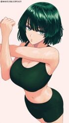 1girls bangs bare_arms bare_shoulders big_breasts breasts cleavage clothed clothing color exercise eyebrows eyelashes female female_focus female_only fit fit_female fitness fubuki_(one-punch_man) green_eyes green_hair gym_clothes hi_res large_breasts light-skinned_female light_skin lips looking_at_viewer looking_up medium_hair midriff mostlybluewyatt navel one-punch_man short_hair shorts simple_background solo solo_female sports_bra standing stretch stretching sweat sweaty tagme thick_thighs thighs white_background workout