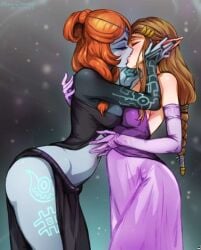 2girls bare_midriff black_dress body_markings breast_to_breast brown_hair female/female female_focus female_only fully_clothed girl_on_girl girls_only grey-skinned_female grey_skin kissing lesbian_kiss light-skinned_female light_skin midna minacream nintendo princess_zelda purple_dress red_hair romantic_ambiance tagme the_legend_of_zelda twili_midna twilight_princess wholesome yuri zelda_(twilight_princess)