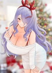 1girls alternate_costume breasts camilla_(fire_emblem) christmas cleavage female fire_emblem fire_emblem_fates genm7 hair_over_one_eye highres large_breasts light_skin long_hair looking_at_viewer nintendo purple_eyes purple_hair smile thighs