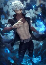 abs black_coat black_pants blue_eyes blue_flame boku_no_hero_academia dabi male_only my_hero_academia scars smoke solo_male touya_todoroki white_hair zarory