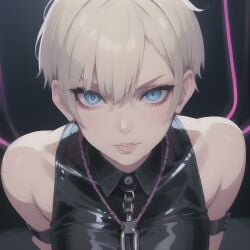 1girls ai_generated bare_shoulders blonde_hair blue_eyes female leather looking_at_viewer punk punk_girl seductive seductive_look short_blonde_hair short_hair smug smug_face stable_diffusion tomboy