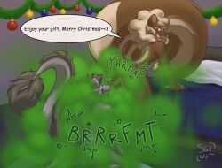 anthro anus ass balls bed christmas coffee_(stinkup) dialogue dragon duo english_text fart fart_cloud fart_fetish farting_on_another farting_on_face fluffy fluffy_tail fur furniture furred_dragon genitals hi_res holidays horn joe_(keithzack) kneeling male male/male mammal mane mephitid open_mouth presenting presenting_anus presenting_hindquarters raised_tail skunk skunk_tail smelly speech_bubble spread_butt spreading stinkup tail text