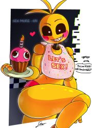 animatronic bib black_eyes chicken chicken_girl cupcake five_nights_at_freddy's five_nights_at_freddy's_2 leg_up let's_sex looking_at_viewer robot sharp_teeth solo toy_chica_(fnaf) wachijewelry08