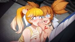 2girls alternate_version_available areola areolae blonde_hair blowjob blush blushing_at_partner brown_hair cock_in_mouth coill_city_(neocoill) cum_in_mouth cum_inside cumming deep_blowjob deep_fellatio deep_oral deep_oral_sex deep_penetration deepthroat earrings fellatio glasses glowing glowing_eyes gradient_hair heart heart-shaped_pupils holding holding_hair holding_penis iva_(neocoill) jacket jacket_open light-skinned_female light_blue_eyes light_skin looking_at_penis looking_pleasured looking_surprised nail_polish neocoill nipples nipples_out oral oral_penetration oral_sex original original_character original_characters partially_clothed penis penis_in_mouth red_nail_polish red_nails round_glasses shirt_up smile sucking sucking_penis surprise surprised surprised_expression taylor_(neocoill)