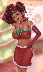 1girls amphibia amphibia_(finale) anne_boonchuy big_breasts brown_hair christmas christmas_outfit clothed clothing dark-skinned_female dark_skin disney keramagath looking_at_viewer mistletoe voluptuous voluptuous_female