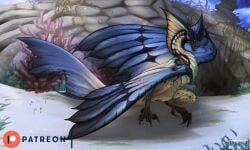 2022 anus blue_wings capcom colored detailed_background english_text feet female feral flying_wyvern genitals hi_res legiana looking_at_viewer monster_hunter moonski open_mouth outside patreon pussy signature solo talons teeth text toes tongue wings yellow_sclera