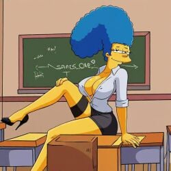 1girls 20th_century_fox 20th_century_studios ai_generated blue_hair female high_heels human marge_simpson milf school schoolgirl sex_ed sex_education smile teacher the_simpsons