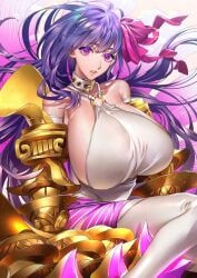 bare_shoulders breasts collar collarbone commentary_request elbow_gloves fate/extra fate/extra_ccc fate/grand_order fate_(series) female gloves hair_ribbon highres huge_breasts long_hair looking_at_viewer parted_lips passion_lip passionlip_(fate) passionlip_(third_ascension)_(fate) purple_eyes purple_hair ribbon solo tenobe very_long_hair white_gloves white_legwear