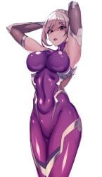 :o armpits arms_behind_head bodysuit breasts cosplay covered_navel female highres igawa_asagi igawa_asagi_(cosplay) latex latex_bodysuit looking_at_viewer ninja open_mouth original pointy_ears purple_eyes purple_hair shaded_face shiny_clothes simple_background solo taimanin_(series) taimanin_asagi taimanin_suit volyz white_background