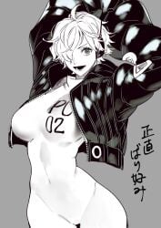 black_jacket bodysuit bodysuit_and_jacket bodysuit_under_clothes breasts female female_only grey_background greyscale groin hair_over_one_eye highres jacket large_breasts monochrome navel one_piece short_hair simple_background solo tenobe thick_thighs thighs translated vegapunk_lilith