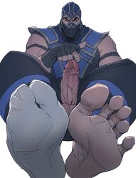 1boy bara big_penis clothing cock erect_penis erection feet feet_up foot_fetish foot_focus hand_on_penis huge_cock male male_focus male_only mortal_kombat muscular muscular_male ninja penis_out solo solo_focus solo_male sub-zero veiny_penis zoisek