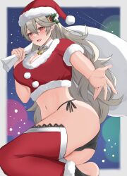 1girls ass bag bare_midriff bare_thighs big_ass black_panties breasts carrying christmas cleavage corrin_(fire_emblem) corrin_(fire_emblem)_(female) female female_only fire_emblem fire_emblem_fates grey_hair hair_between_eyes hairband hat inner_thighs large_breasts long_hair looking_at_viewer midriff night nintendo open_mouth outdoors panties peli_cantaro pointy_ears reaching_out reaching_towards_viewer red_eyes sack santa_hat short_sleeves smile snow solo thighhighs thighs underwear very_long_hair