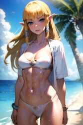 abs ai_generated aiposter beach bikini blonde_hair hair_ribbon looking_at_viewer muscular muscular_female palm_tree princess_zelda skyward_sword the_legend_of_zelda wet wet_body wet_clothes wet_panties white_bikini zelda_(skyward_sword)