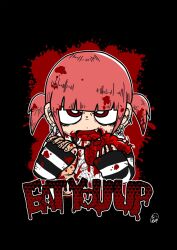 black_background blood blood_in_hair blood_on_clothes blood_on_face blood_on_hands blood_splatter cannibalism chibi die_aria ear_piercing female heart highres holding holding_heart not_porn original piercing red_eyes red_hair sfw signature solo tongue_piercing twintails