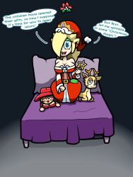 bed breasts chabble christmas clothing clothing_transformation doll dollification english_text female grey_background living_clothes mario_(series) mistletoe on_bed pauline princess_daisy princess_peach princess_rosalina reindeer reindeer_antlers simple_background speech_bubble text transformation