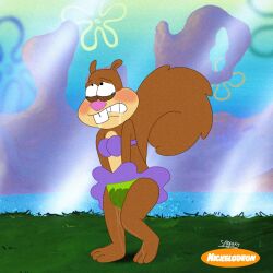 bikini brown_fur buckteeth fingering furry legs_crossed nickelodeon parody peeing pussy sandy_cheeks solo spanky15 spongebob_squarepants squirrel