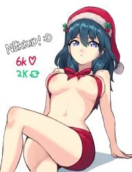 1girls 2023 absurdres blue_eyes blue_hair breasts byleth_(fire_emblem) byleth_(fire_emblem)_(female) christmas cleavage female female_only fire_emblem fire_emblem:_three_houses grimmelsdathird highres light-skinned_female light_skin medium_breasts nintendo santa_hat skimpy solo strip_game twitter_strip_game_(meme)