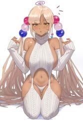 1girls alternate_costume archinoer bare_shoulders blonde_hair blush breasts dark-skinned_female dark_skin female garter_straps graduated_vtuber hair_ornament highres hololive hololive_english hololive_english_-council- large_breasts long_hair meme_attire navel panties planet_hair_ornament ribbed_panties ribbed_sleeves ribbed_thighhighs solo sweater thighhighs tsukumo_sana turtleneck twintails underwear very_long_hair virgin_destroyer_sweater virtual_youtuber white_background white_garter_straps white_panties white_sweater yellow_eyes