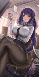 concerned genshin_impact purple_hair raiden_shogun solo_female spilled_drink