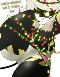 angry angry_face ass big_ass big_thighs breasts christmas christmas_lights dialogue drone fangs female female_only huge_ass huge_thighs jacket lawgx murder_drones robot robot_girl short_hair tagme text thick_hips thick_thighs thighs v_(murder_drones) white_hair