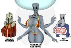 1girls 4_arms alien alien_girl alien_humanoid armor big_breasts bikini black_eyes blue_clothing blue_topwear breasts clothed clothing dress english_text ethereal_(x-com) female female_only grey_body headgear helmet huge_breasts humanoid multi_arm multi_limb nipple_outline red_bikini red_clothing red_dress red_swimwear simple_background solo solo_female sugoi_dekai swimwear text thick_thighs topwear urusee584 white_background white_clothing white_topwear wide_hips x-com xcom_2