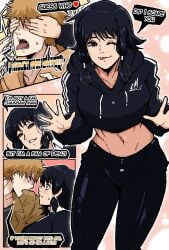 black_hair black_hoodie black_pants chainsaw_man comic date dating denji_(chainsaw_man) dialogue_box fumiko_mifune_(chainsaw_man) mark_gavatino non-web_source sharp_teeth tagme tongue_out track_suit