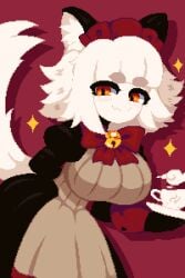 :3 aliasing animal_ear_fluff animal_ears bangs bell body_fur bow bowtie breasts cat_bell cat_ears cat_eyes cat_girl cat_maid cat_tail catmaid_(dizzyspells) cel_shading cel_shading_(retro) circle_eyebrows closed_mouth cowboy_shot dress eyebrows eyebrows_visible_through_hair female fluffy_tail frills furry furry_female gloves hairbow hand_behind_back headwear holding_object inner_ear_fluff juliet_sleeves large_breasts long_sleeves looking_at_viewer maid maid_headdress minimilieu orange_eyes pixel_art platter png puffy_sleeves red_background red_bow red_bowtie red_hairband red_ribbon ribbon servant short_hair simple_background slit_pupils smile solid_colors solo standing stars tail tea_cup thick_eyebrows uncompressed_file upper_body white_body white_ear_fluff white_fur white_hair_female white_tail