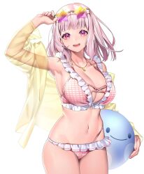 adjusting_eyewear arm_up ball bare_shoulders beachball bikini breasts cleavage cowboy_shot eyewear_on_head female frilled_bikini frills groin highres holding holding_ball jacket jewelry large_breasts looking_at_viewer medium_hair navel necklace nijisanji open_mouth pink_bikini pink_eyes pink_hair see-through see-through_jacket shiina_yuika shiina_yuika_(6th_costume) simple_background smile solo star-shaped_eyewear sunglasses swimsuit teeth tenobe tongue tongue_out towel virtual_youtuber white_background yellow_jacket