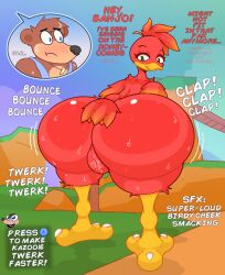 ass ass_clapping avian banjo-kazooie banjo_(banjo-kazooie) beak bear big_butt bird blue_eyes bodily_fluids breegull brown_body brown_fur clothing digital_media_(artwork) dogslickingsoda feathers female feral fur genitals green_eyes hair huge_butt huge_thighs hyper hyper_butt kazooie male male/female mammal nervous onomatopoeia outside pussy rareware rear_view red_body red_feathers shaking_butt smile solo sound_effects sweat text thick_thighs twerking wide_hips wings