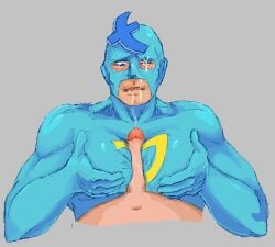 2boys alternate_version_available blue_bodysuit blush_lines bodysuit cum cum_on_face cumming_from_paizuri cumshot duo frimomen gay holding_own_breast lambrabbit light-skinned_male light_skin male male/male male_only mask masked masked_male ms_paint muscular muscular_male nervous open_mouth pecjob pecs pectorals penis pov skin_tight solo_focus yaoi