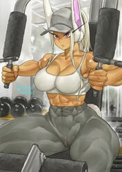 abs baseball_cap bunny_ears cameltoe dark-skinned_female dark_skin exercise miruko muscular muscular_female my_hero_academia rumi_usagiyama shosho_oekaki solo sports_bra sweat tan thick_thighs white_hair workout yoga_pants